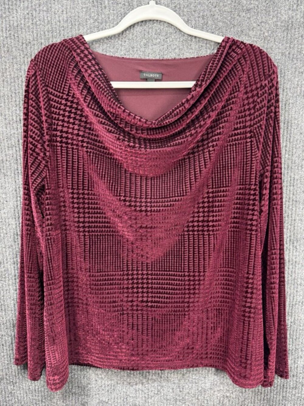 Talbots Burnout Velvet Top Womens XL Burgundy Cowl Neck Long Sleeve Houndstooth - Picture 1 of 9